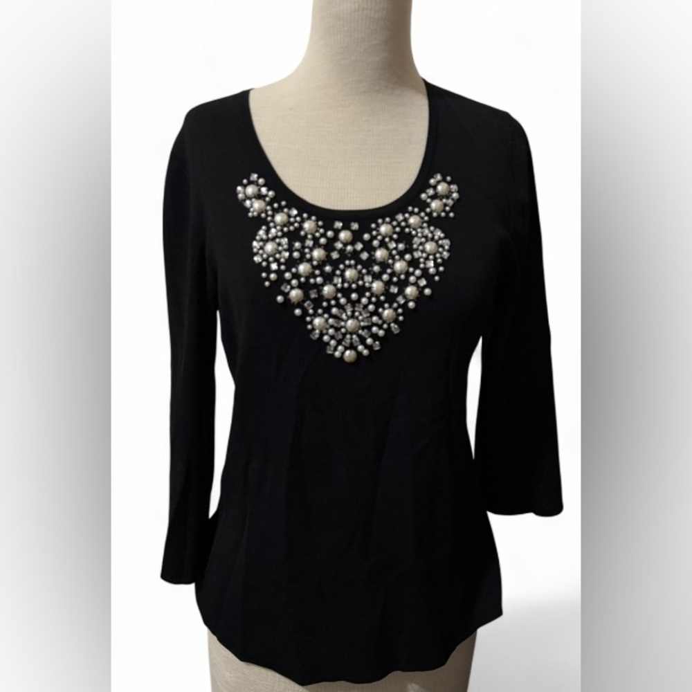 Cable & Gauge Black Pearl Embellished Blouse Long Sleeve Dressy Top Size L